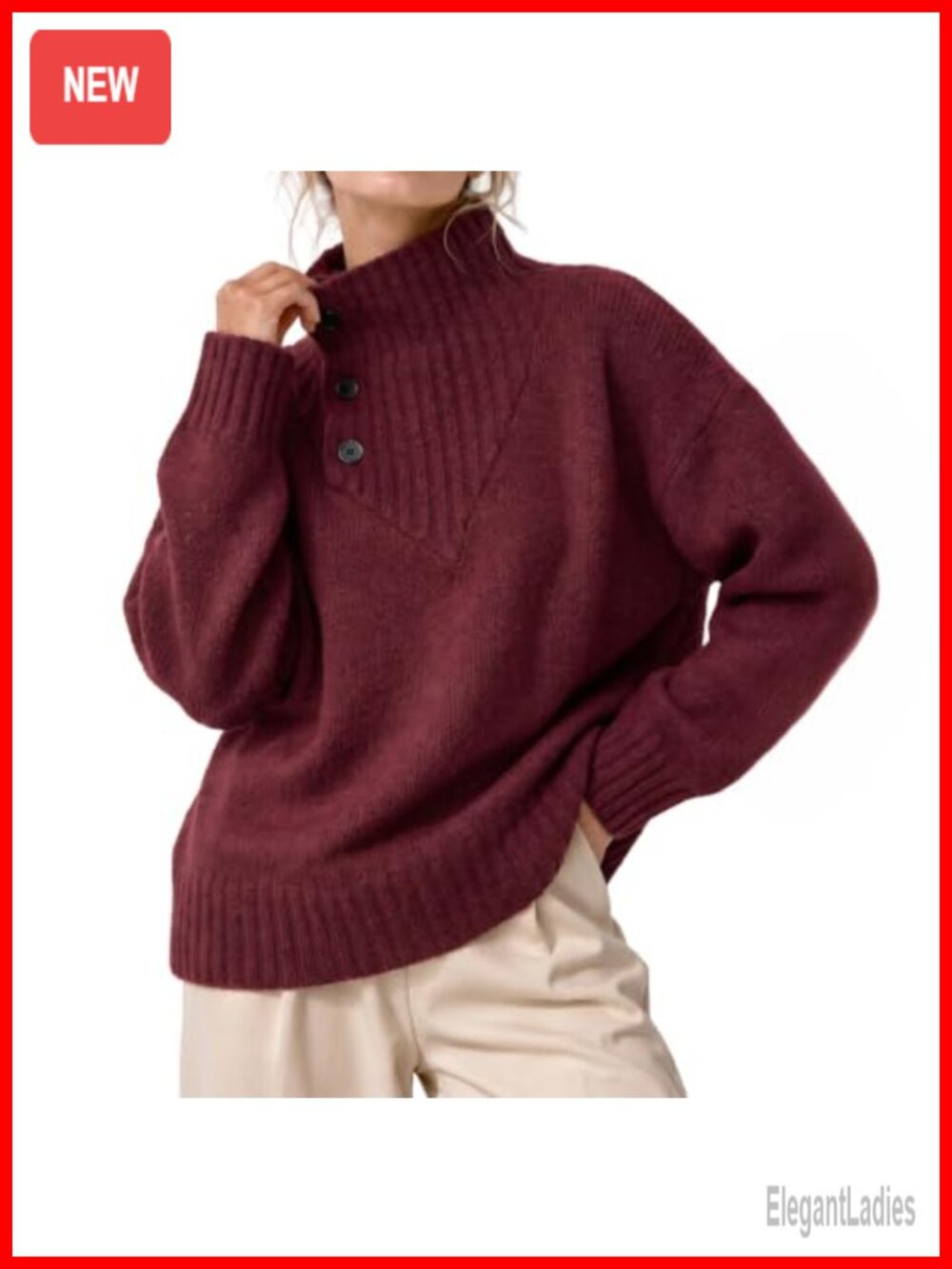 Womens Oversized Button Turtleneck Sweater Loose Knit Pullover Fall Winter